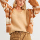 Camel Striped Crochet Knit Two Pocket Open Front Cardigan